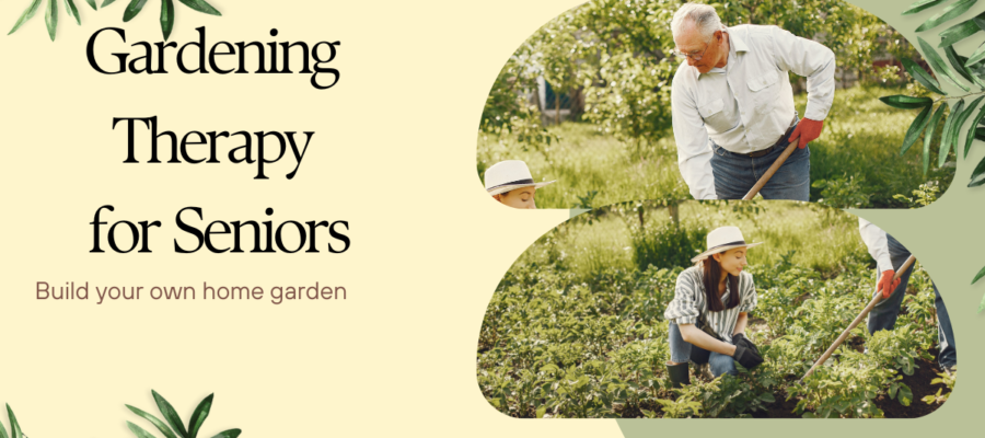 "Senior enjoying gardening therapy in Summer 2023 - nurturing plants and connecting with nature for improved well-being."