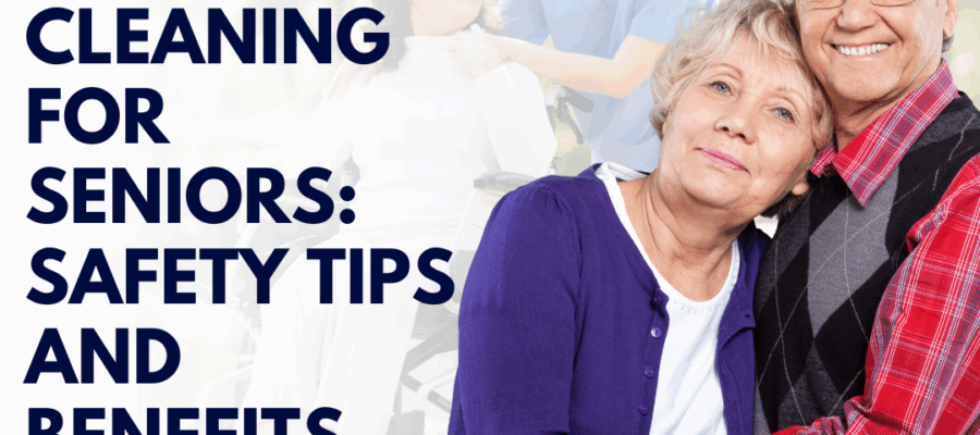 Elderly couple tidying up their home, decluttering for safety, and using non-slip mats to prevent falls during spring cleaning. Safe and healthy senior living.