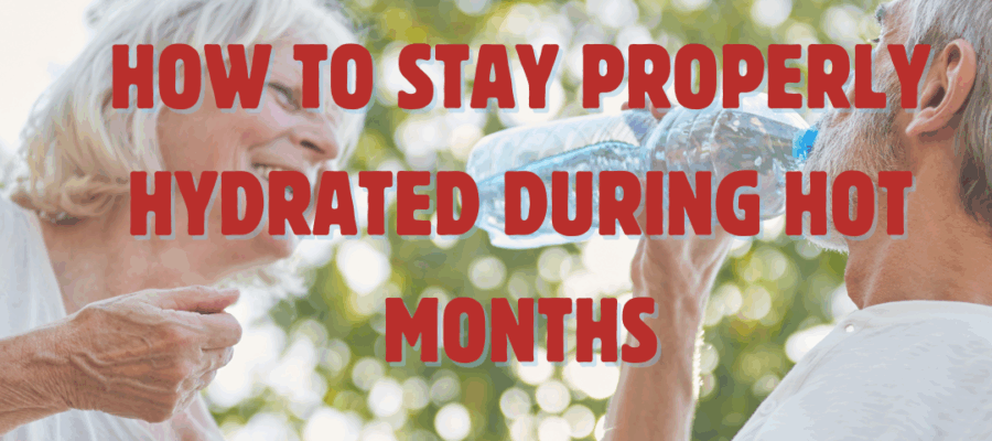A person drinking water from a clear bottle outdoors on a sunny day, with a background of green trees and bright sunlight, symbolizing hydration and summer heat.